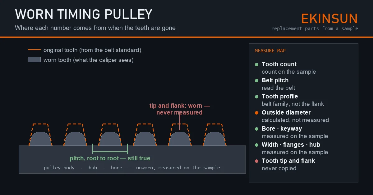 Schematic of a worn timing pulley tooth row: the original tooth outline dashed, the worn tooth solid, with a map of which dimensions are counted, read from the belt, calculated, or measured on the sample