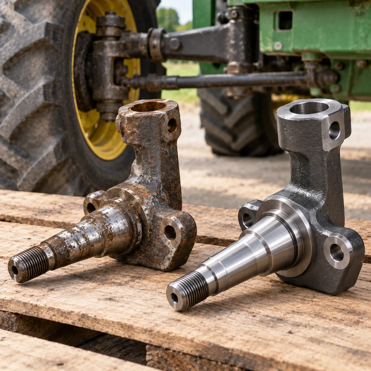 Verrosteter Traktor-Achsschenkel neben einem neu gefertigten, im Hintergrund ein Traktorrad