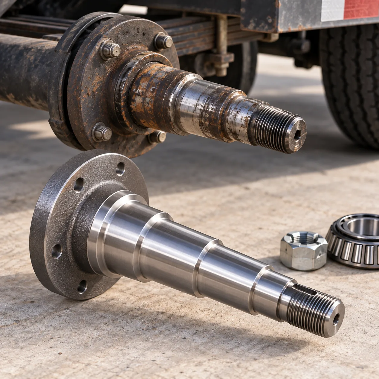 A rusty trailer axle spindle still on the axle behind a newly machined stepped spindle with a threaded end, nut and bearing beside it