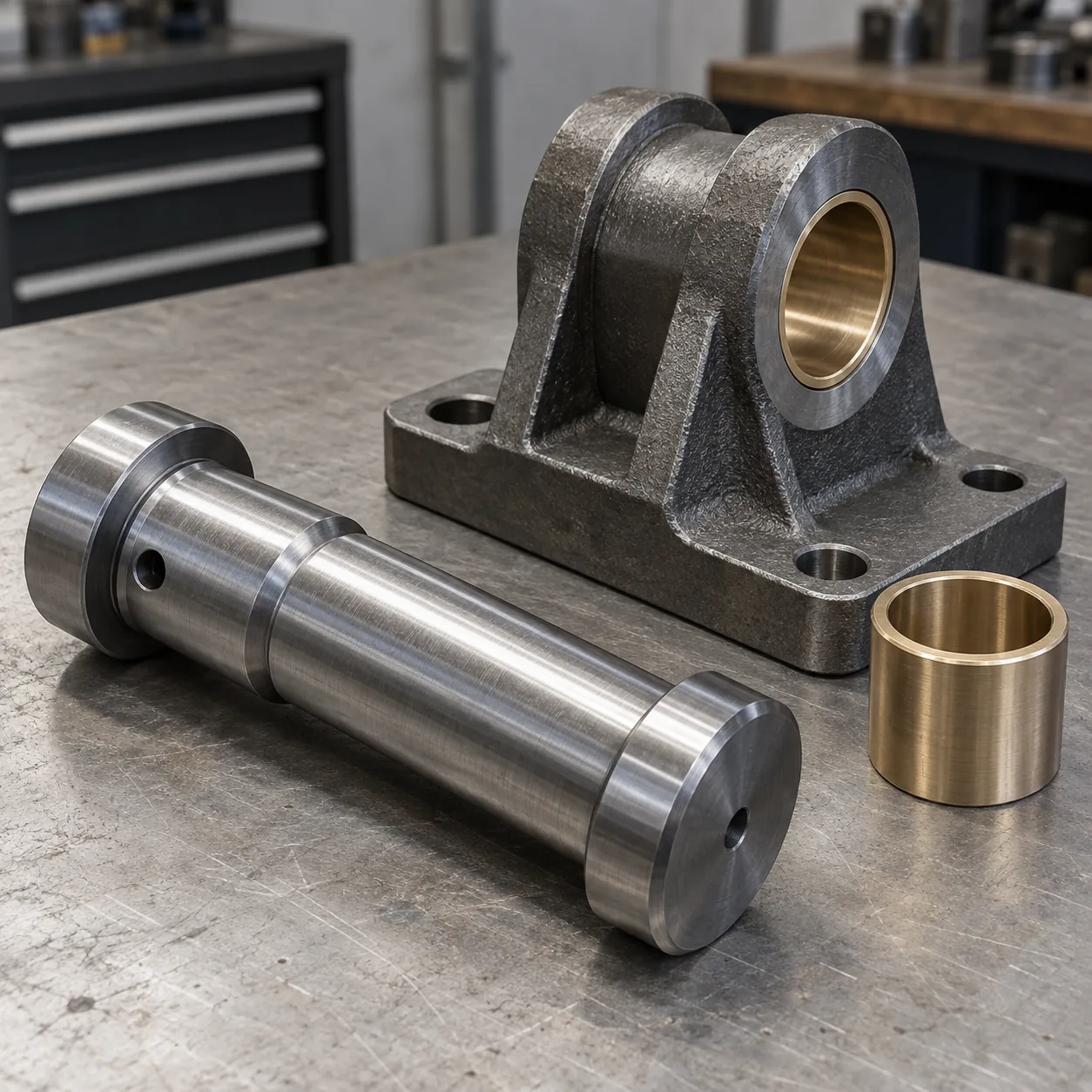 A cast trunnion mount with a bored eye, a machined trunnion pin and a bronze bushing on a workbench