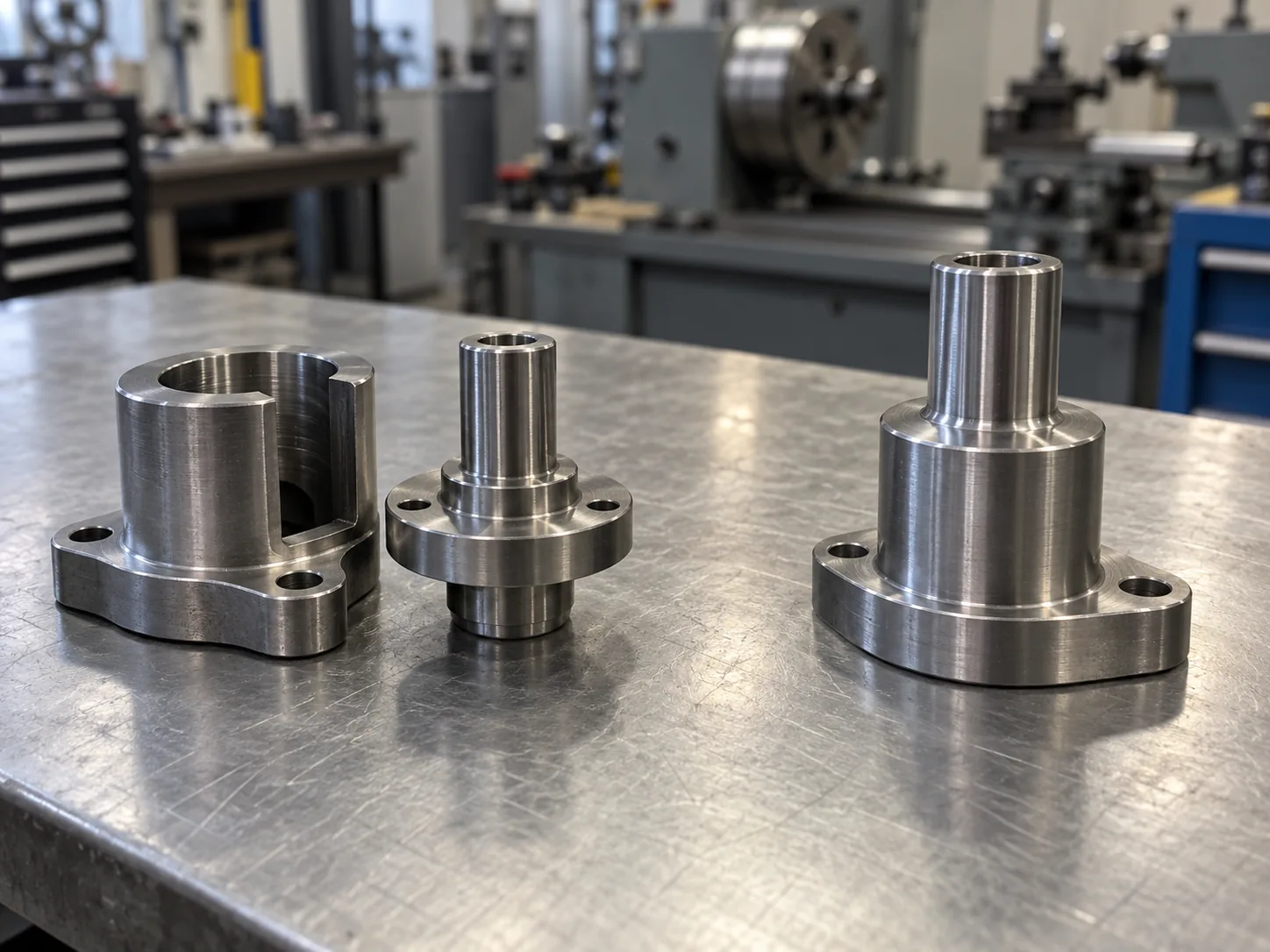 Three turned metal parts with bolt flanges standing on a metal workbench, lathes in the background