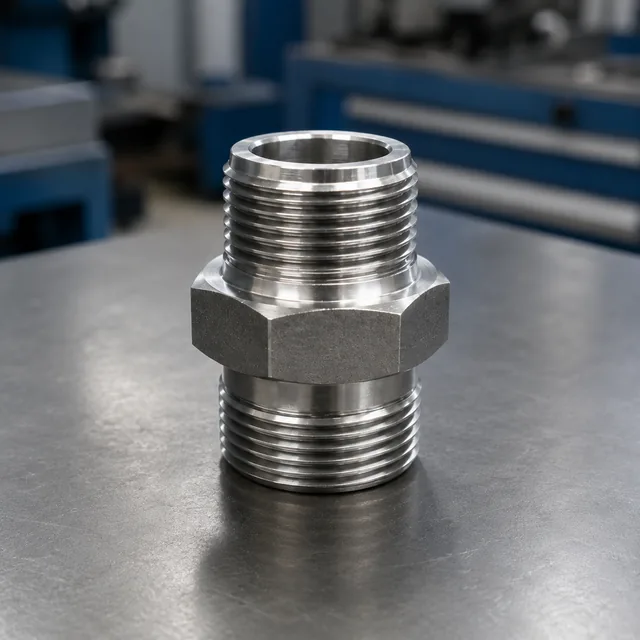 Male-to-male hex thread adapter in stainless steel with two different thread sizes and a centre hexagon
