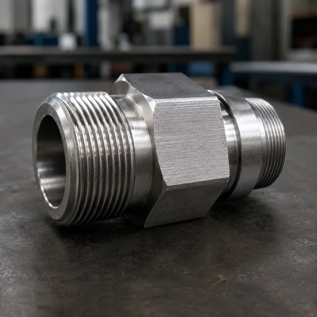 Machined stainless union adapter with locknut, male threads both ends, on the workshop bench