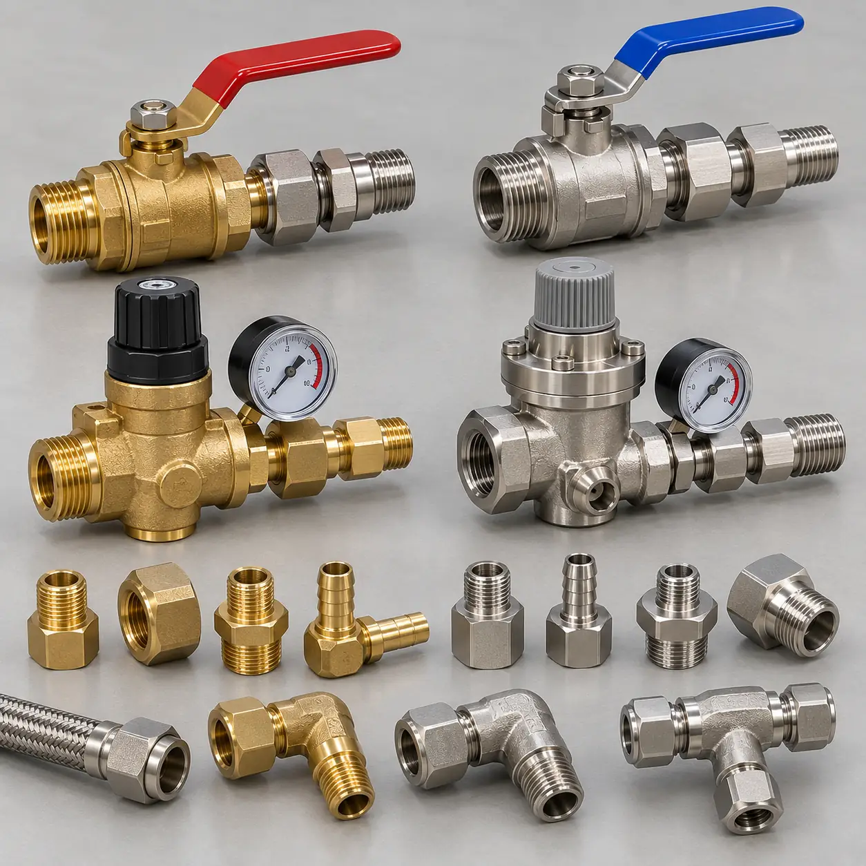 Valves with fittings screwed onto their ports: a brass and a stainless ball valve each carrying a tube fitting, two pressure reducing valves with small gauges fitted to the gauge port, and below them a row of adapters including nipples, hex bushings, hose barbs, elbows, a tee and a braided flexible hose