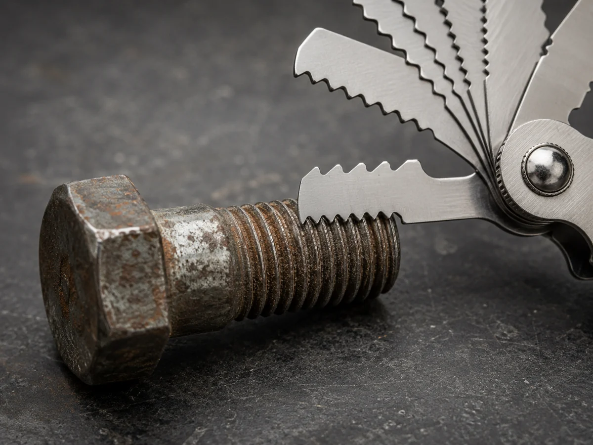 Thread pitch gauge identifying a vintage Whitworth thread on an obsolete fastener