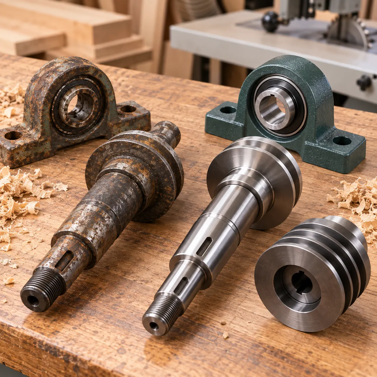 Worn and new woodworking machine spindles, a stepped pulley and a bearing housing on a wooden bench with sawdust