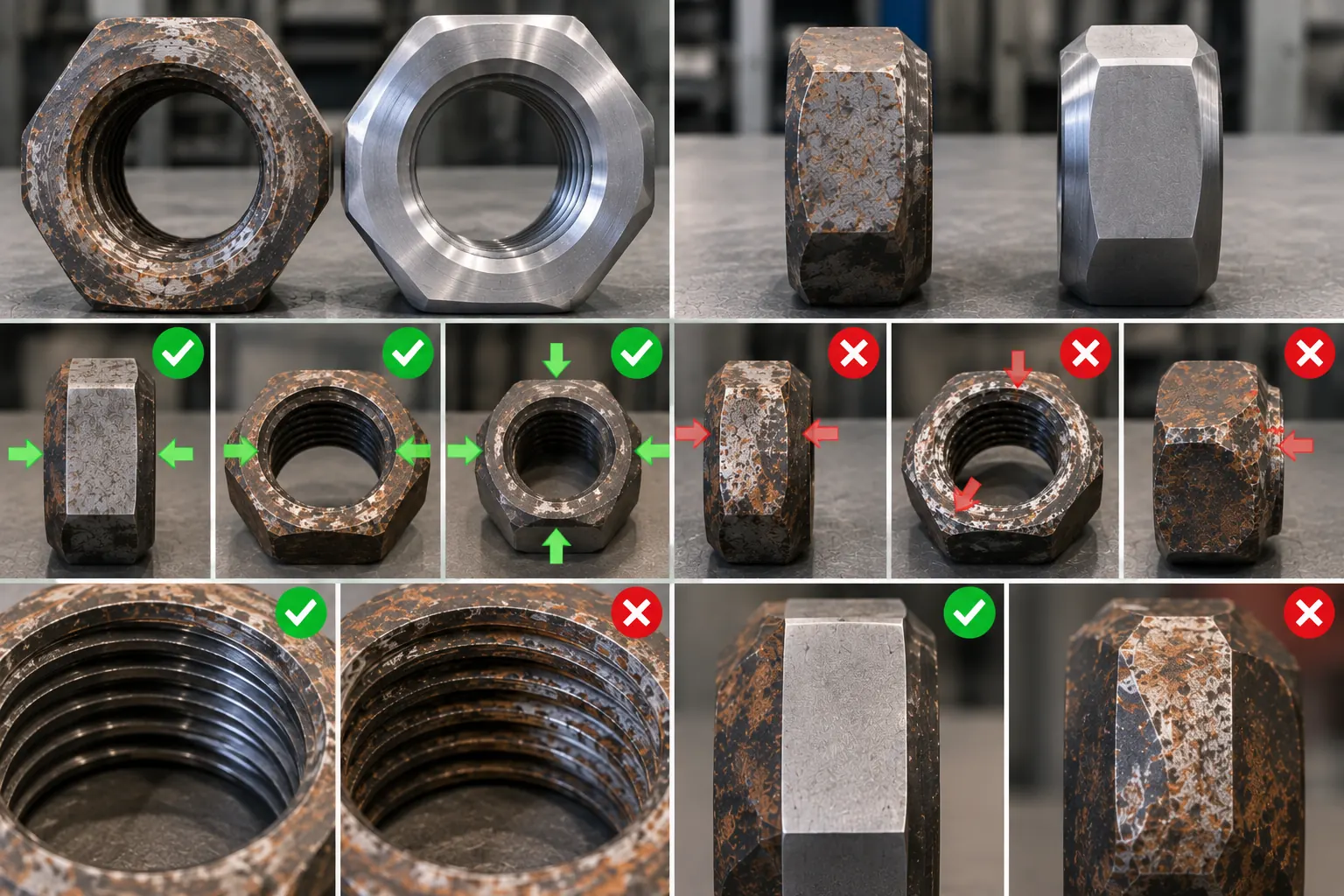Worn and unworn nut and thread surfaces compared, with green ticks on the faces to measure and red crosses on the worn ones