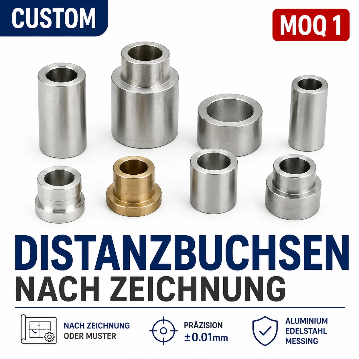 Distanzbuchsen nach Zeichnung — Aluminium, Edelstahl, Messing — MOQ 1 Stück — EKINSUN