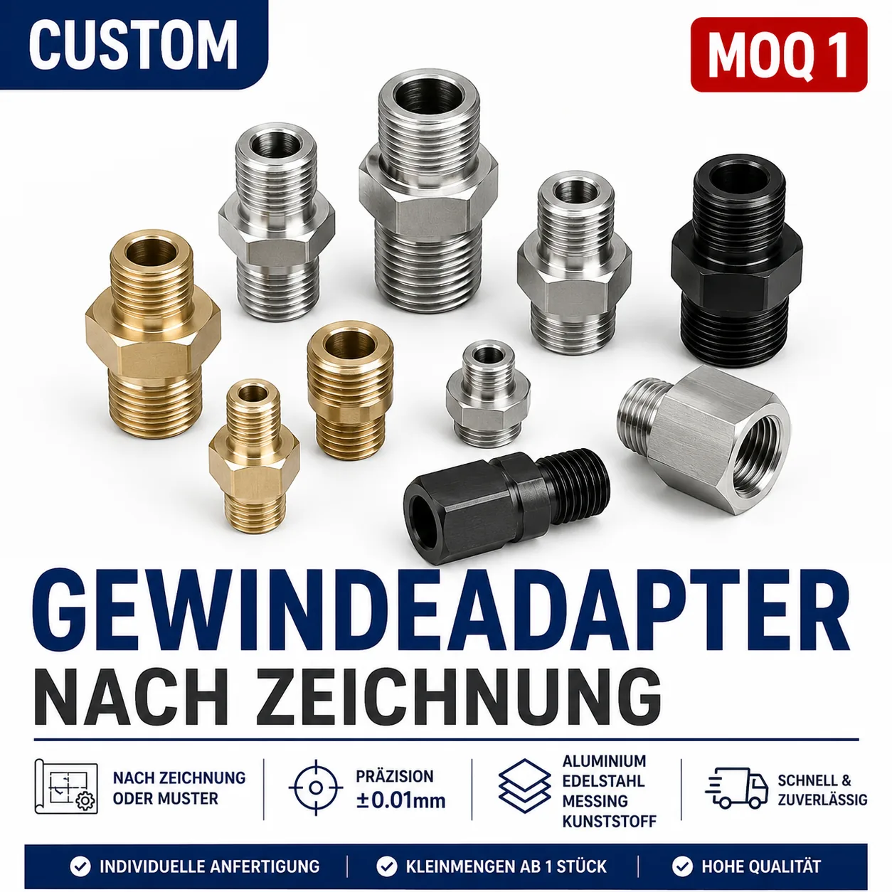 Gewindeadapter nach Zeichnung — Messing, Edelstahl und Aluminium, MOQ 1 Stück, EKINSUN