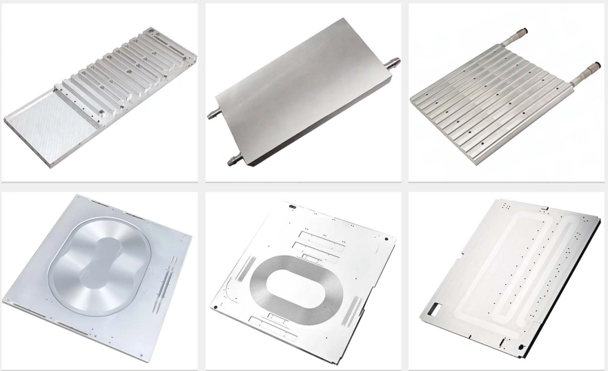 Sealed-lid cold plates: machined internal channels closed with a brazed lid, ports brought out at the ends, alongside large machined baseplates with recessed device pockets