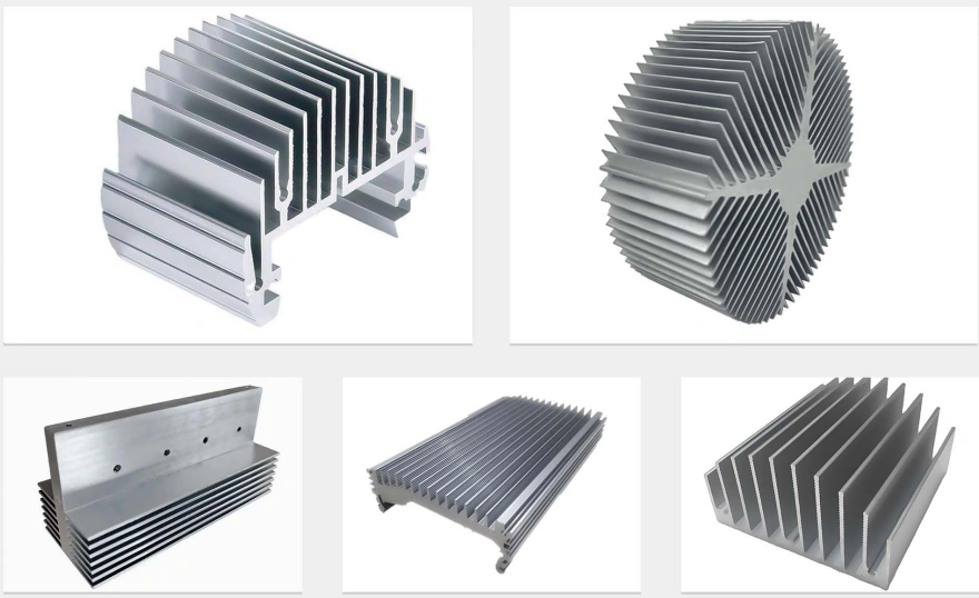 Range of extruded aluminium heat sink profiles: a multi-level section with integrated T-slots, a round sunflower profile, an L-shaped profile with a machined mounting face, a wide flat profile and a high fin-density section