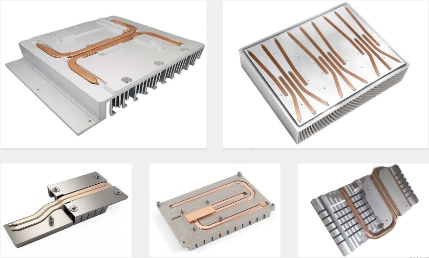 Heat pipe assemblies with copper pipes embedded in aluminium bases: extruded fin blocks with pipes entering the base, a large plate with ten pipes fanned across it, and pipes bridging two separate machined blocks
