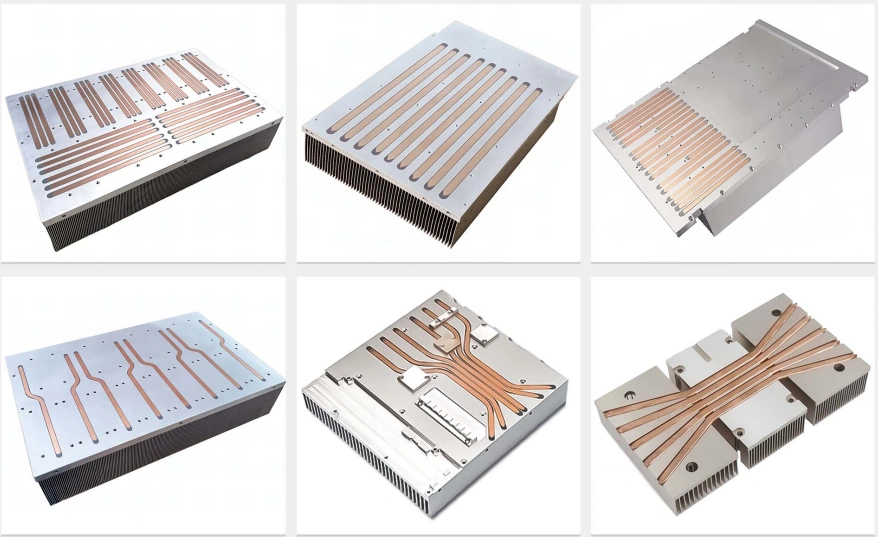 Six heat pipe heat sinks: copper pipes flattened and set into machined aluminium bases carrying skived fin stacks, in straight, bent, branched and multi-block layouts