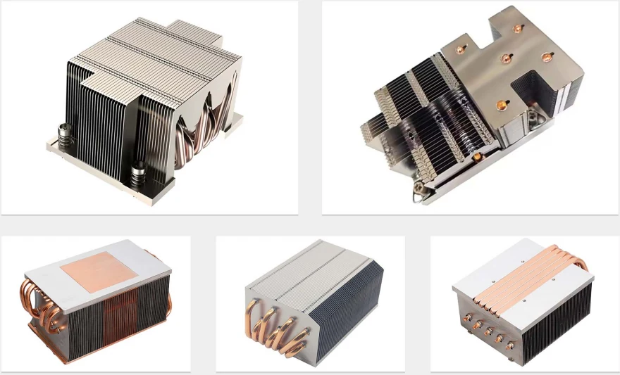 Five nickel-plated server heat sinks built from stamped fin stacks threaded onto copper heat pipes, with bare copper contact pads left exposed in the mounting face