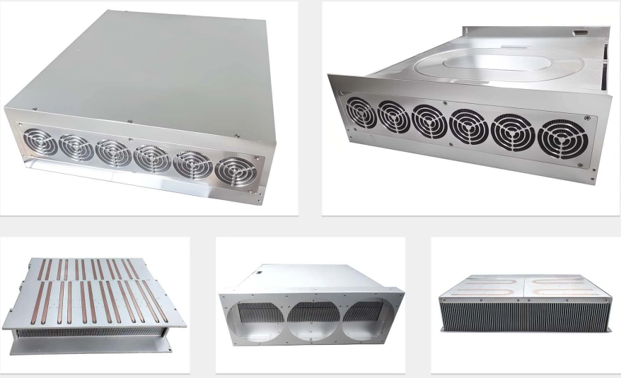 Fan-cooled heat sink assemblies: sheet metal modules with six axial fans in a row, a machined recess for the device, internal fin stacks and embedded copper heat pipes across the base