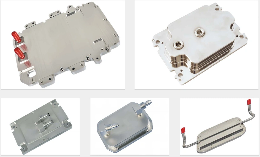 Aluminium liquid cold plates with machined serpentine flow channels, capped ports, threaded fittings and bent tube connections on shaped outlines