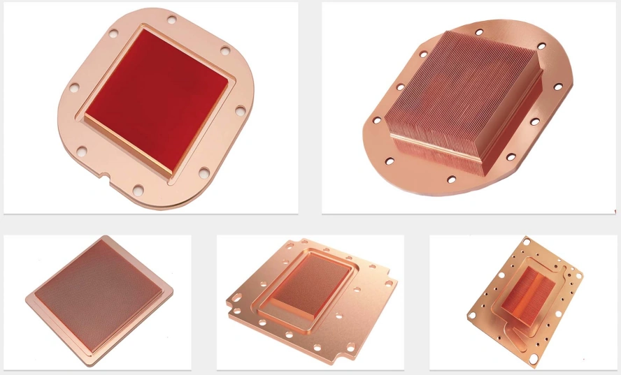 Copper microchannel cold plates with dense fine channel fields inside machined pockets, O-ring sealing grooves and precision mounting holes on shaped outlines