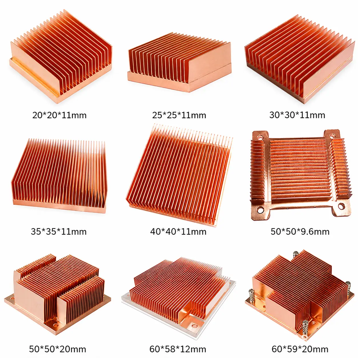 Nine copper skived fin heat sinks in the sizes listed below, from a 20 by 20 mm block up to 60 by 59 mm, including versions with a mounting bracket, a segmented fin field and a separate spreader plate