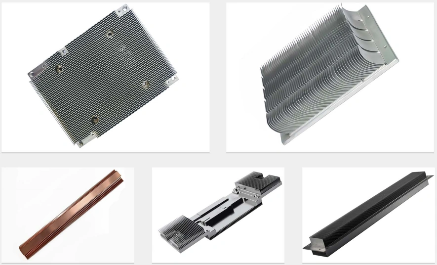 Skived heat sinks with special fin geometry: an aluminium wave fin field, a fin field with curved air-guide vanes at the tips, a long copper fin bar, a two-sided assembly with fins above and below a central channel, and a black anodised fin bar