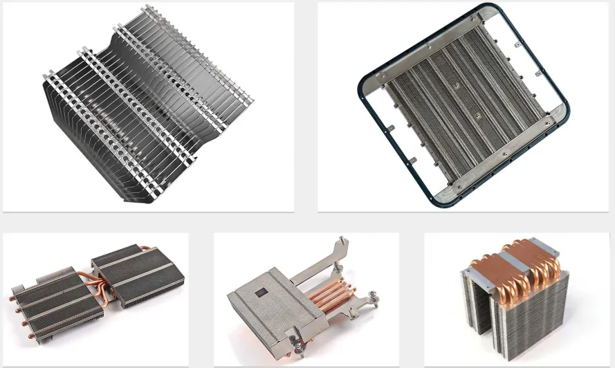 Stamped fin stacks threaded onto copper heat pipes, including a fin block held in a mounting frame and units with machined copper bases