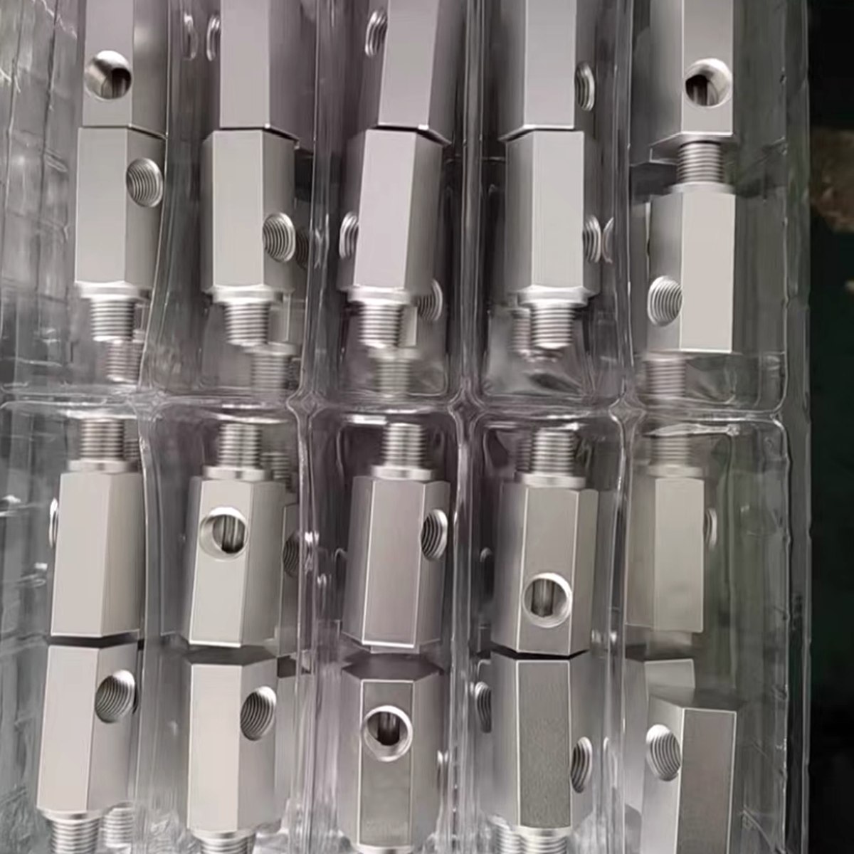 CNC machined stainless steel valve bodies packed in individual blister tray cells — EKINSUN export packaging