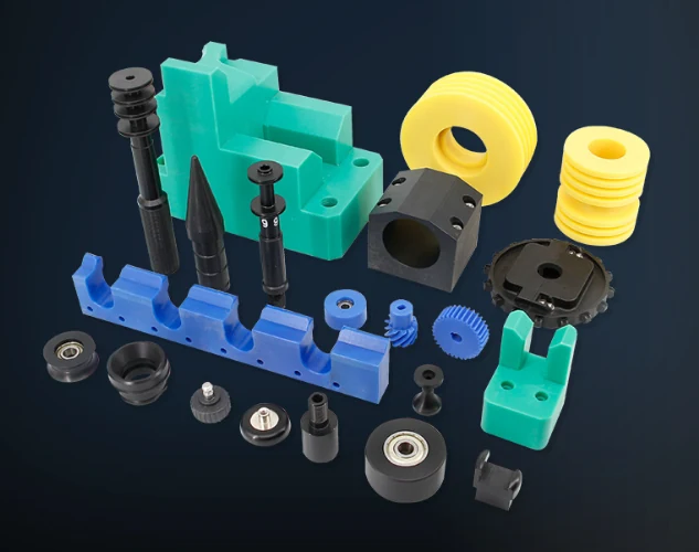 Engineering plastic components in POM, nylon, polyurethane and PEEK — gears, rollers, guide blocks, pulleys and cam followers