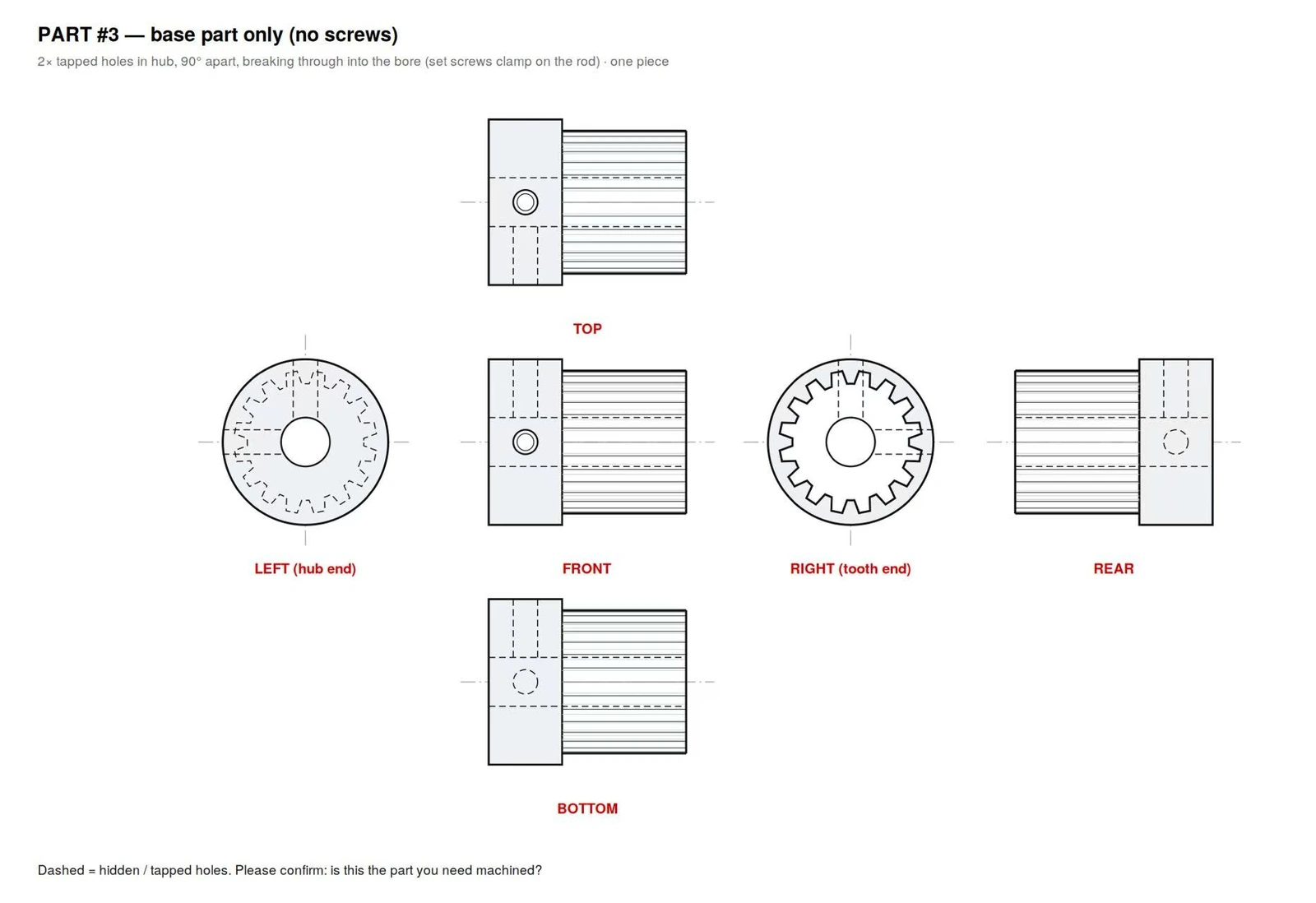 Six-view engineering drawing of an embroidery machine gear hub produced from customer photographs, showing top, front, bottom, both end views and the hidden tapped holes
