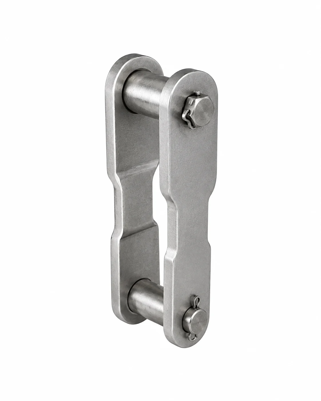 Leaf spring shackle assembly with two machined side plates joined by two pins, each pin cross-drilled and retained with a split pin
