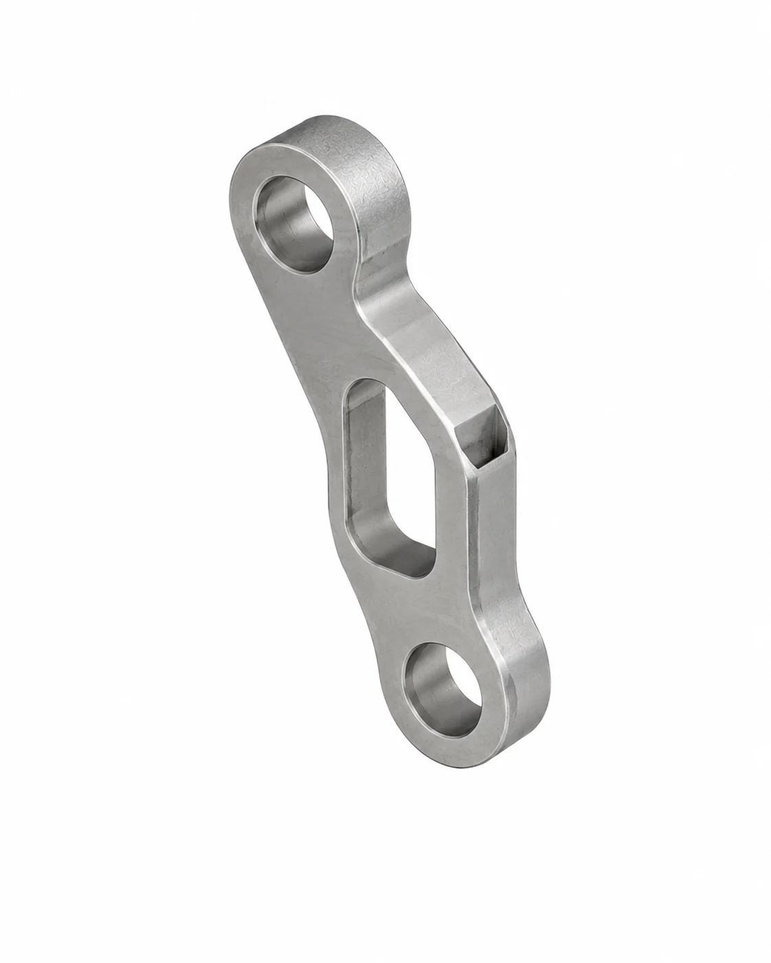 Single leaf spring shackle side plate machined from solid bar, showing the two pin bores and a milled lightening pocket between them