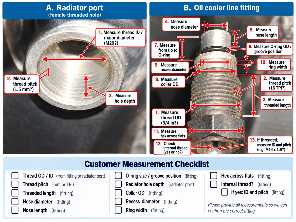 Two-panel measurement guide built from the same photographs and labelled in English: panel A, the radiator port, marked 1 to 3 for thread bore, pitch and hole depth; panel B, the oil cooler line fitting, marked 1 to 13 for thread OD, pitch, threaded length, nose diameter and length, O-ring position, tip-to-O-ring distance, collar and recess diameters, ring width, hex across flats and any internal thread; a customer measurement checklist runs along the foot