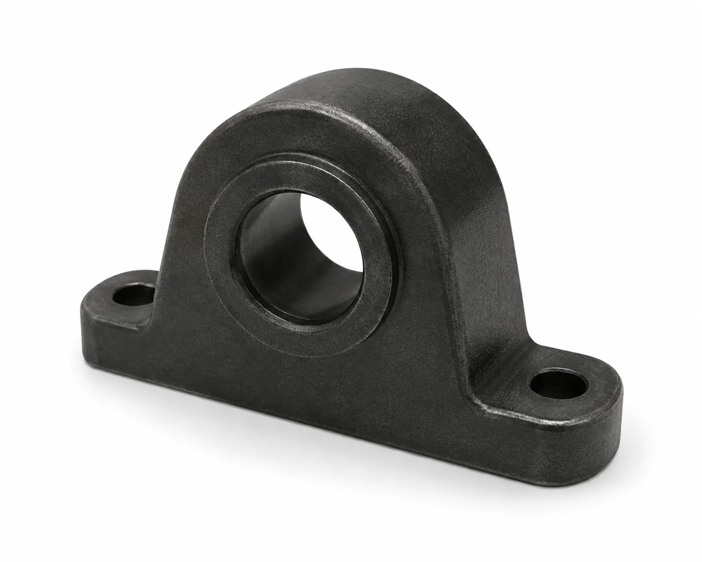 Spring hanger pillow bracket with a machined through bore and counterbored face, sitting on a flat base with two mounting holes
